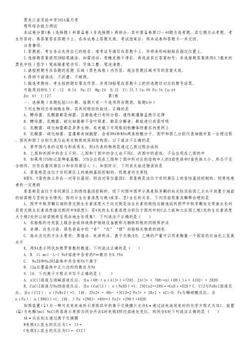 黑龙江省实验中学2016届高三上学期第四次月考(即期末)理科综合试卷 Word版含答案.pdf