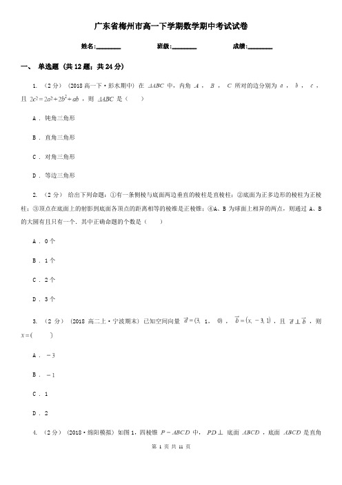 广东省梅州市高一下学期数学期中考试试卷