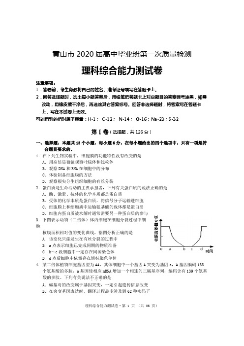 黄山市2020届高三第一次质量检测理科综合试题及答案