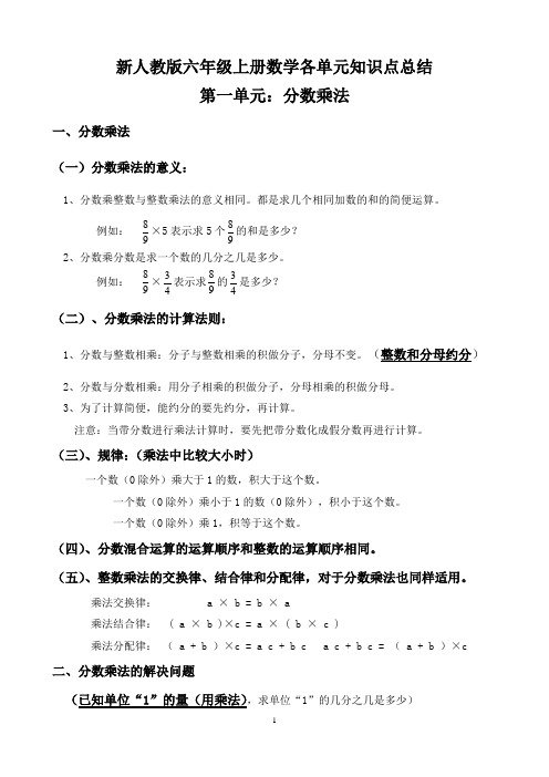 新人教版六年级上册学重要章节知识点归纳总结