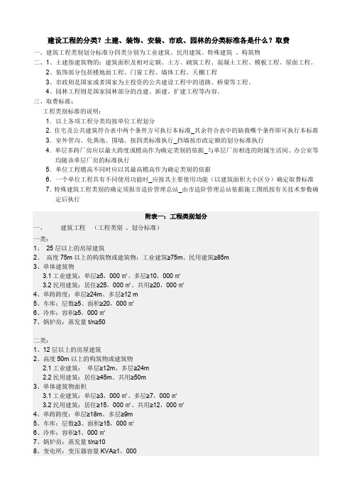 建设工程的分类？土建、装饰、安装、市政、园林的分类标准各是什么？取费.doc