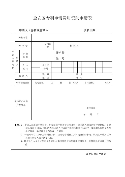 金安区专利申请费用资助申请表