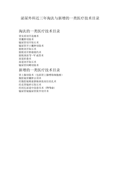 近三年泌尿外科淘汰与新增的一类医疗技术目录