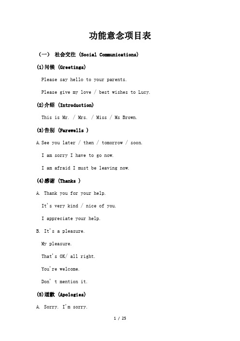 中考英语功能意念项目表