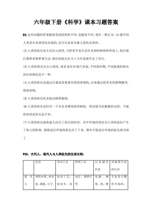 六年级下册科学课本习题参考答案