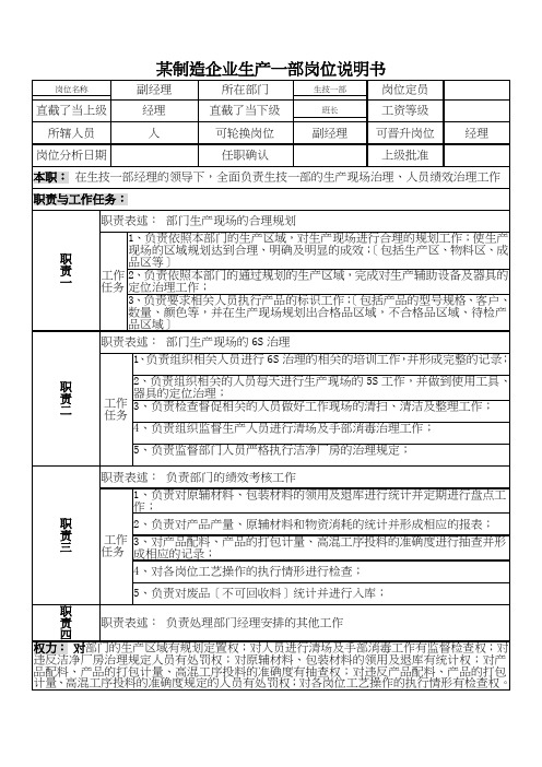 某制造企业生产一部岗位说明书