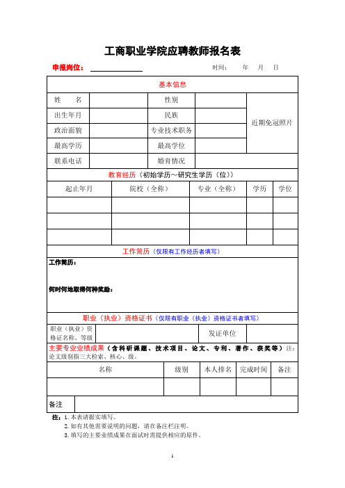 工商职业学院应聘教师报名表