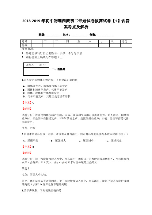 2018-2019年初中物理西藏初二专题试卷拔高试卷【1】含答案考点及解析