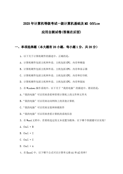 2025年计算机等级考试一级计算机基础及MS Office应用试卷及答案指导