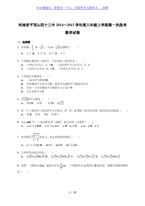 【解析版】平顶山四十三中2014～2015年八年级上第一次段考试卷