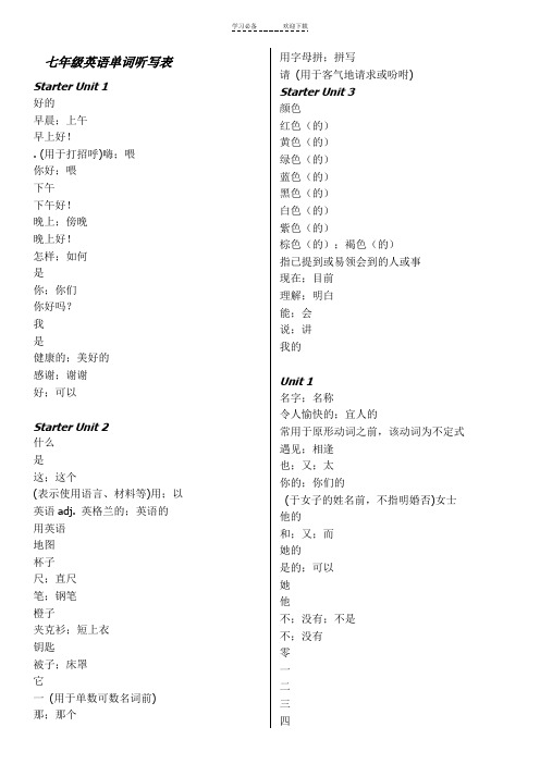 新人教版七年级上册英语单词听写表