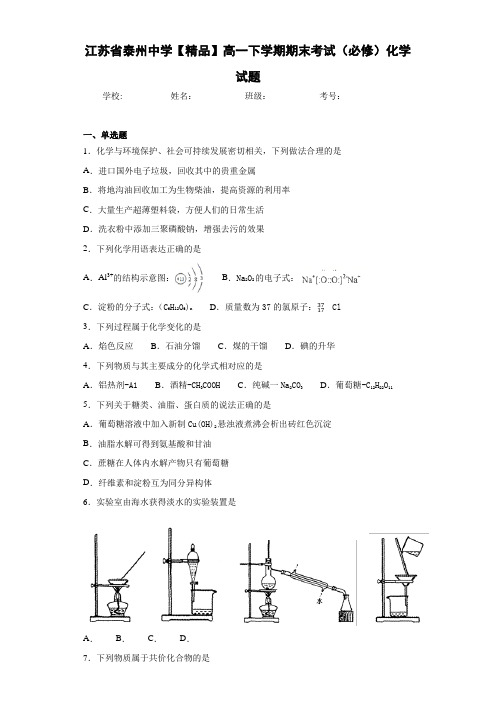 高一下学期期末考试(必修)化学试题(答案解析)