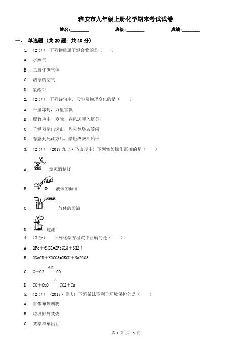 雅安市九年级上册化学期末考试试卷