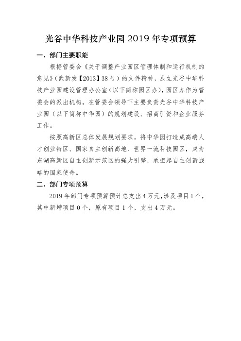 光谷中华科技产业园2019年专项预算