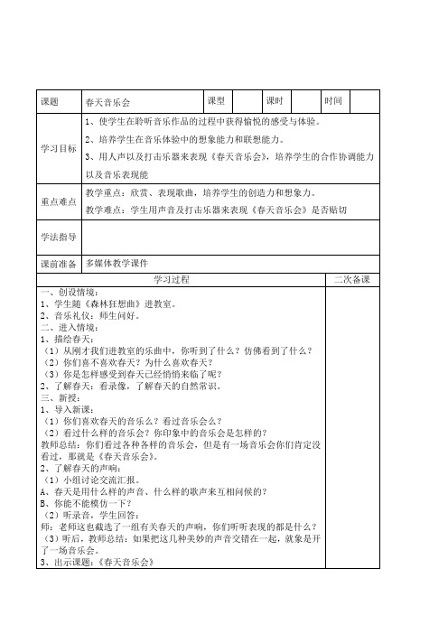 人教版小学音乐一年级下册《春天音乐会》最新表格式导学教案
