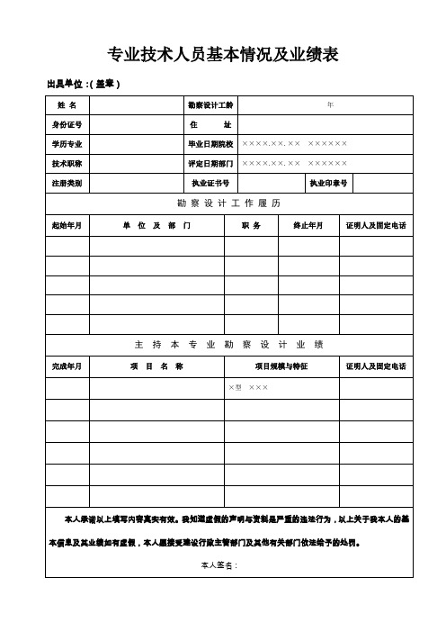 专业技术人员基本情况及业绩表