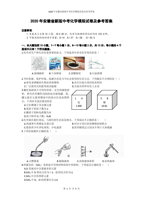 2020年安徽省新版中考化学模拟试卷及参考答案