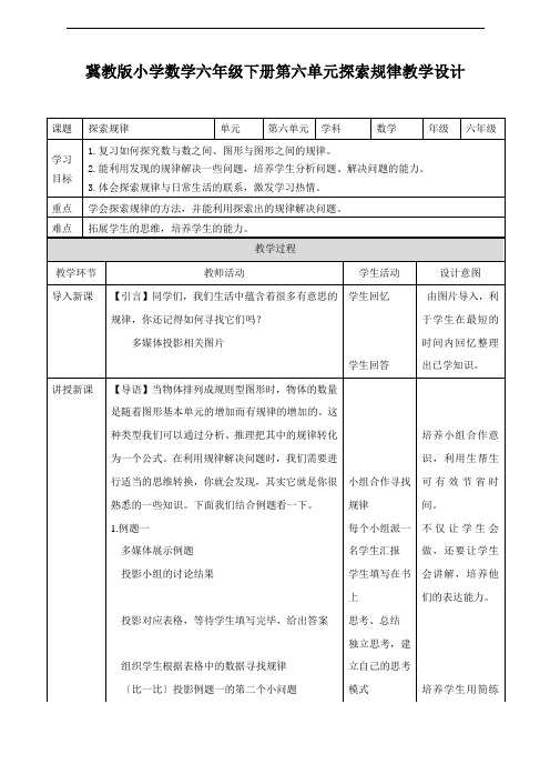 【数学】六下复习课 探索规律教学设计小学数学冀教版六年级下册