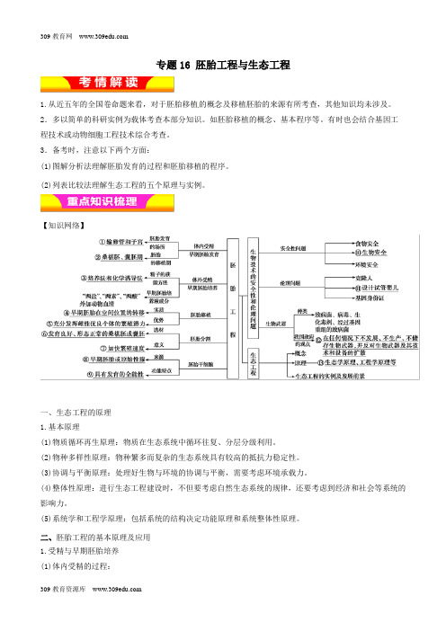 2019年高考生物二轮复习专题16胚胎工程与生态工程教学案