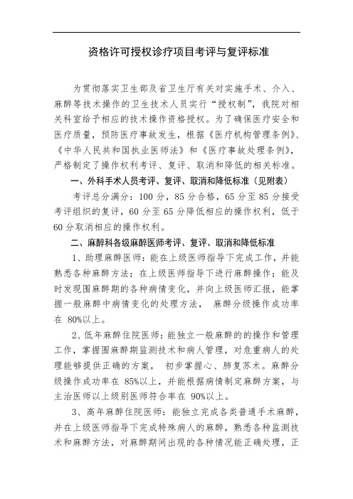 资格许可授权诊疗项目考评与复评标准