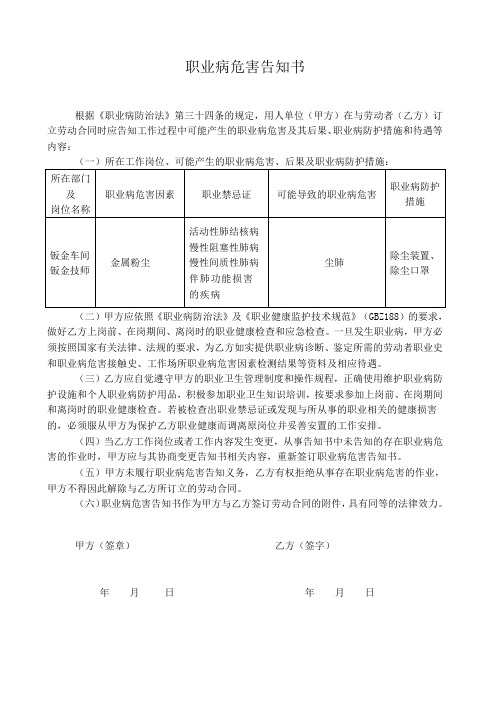 职业病危害告知书(钣金)