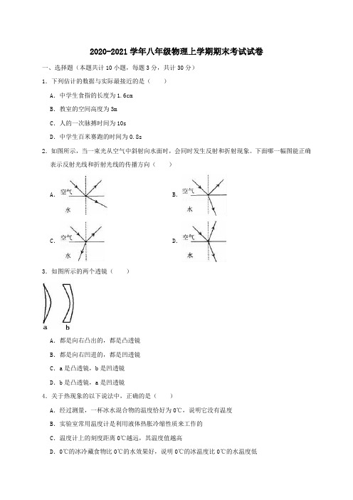 2020-2021学年八年级物理上学期期末考试试卷(含解析)