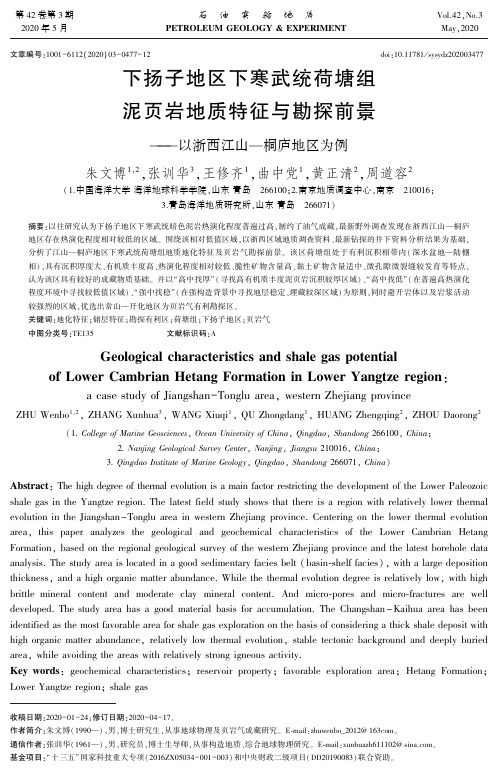 下扬子地区下寒武统荷塘组泥页岩地质特征与勘探前景--以浙西江山-