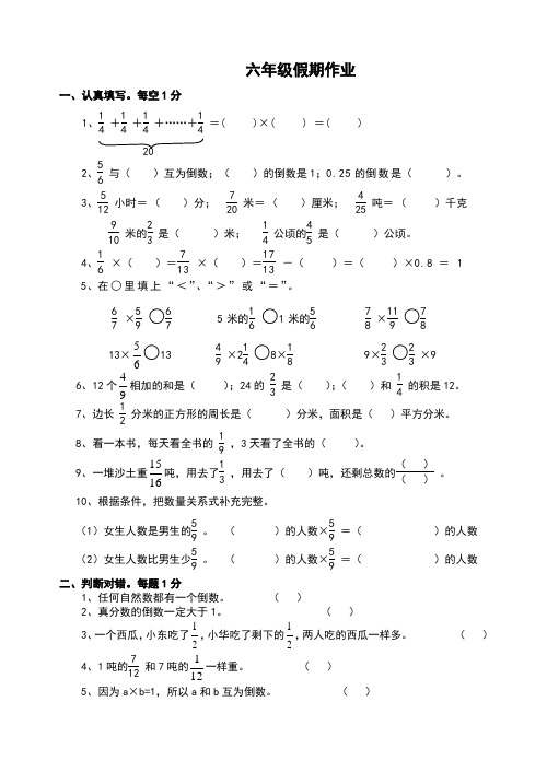 六年级数学假期作业