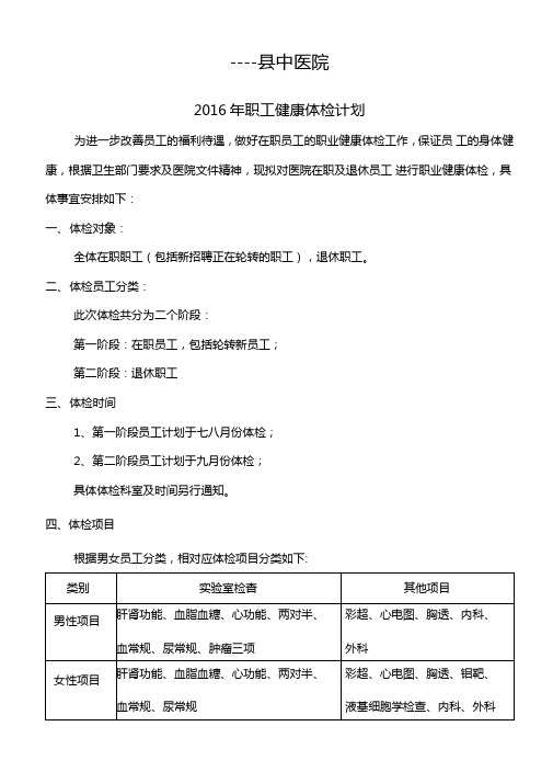 中医院职工健康体检计划