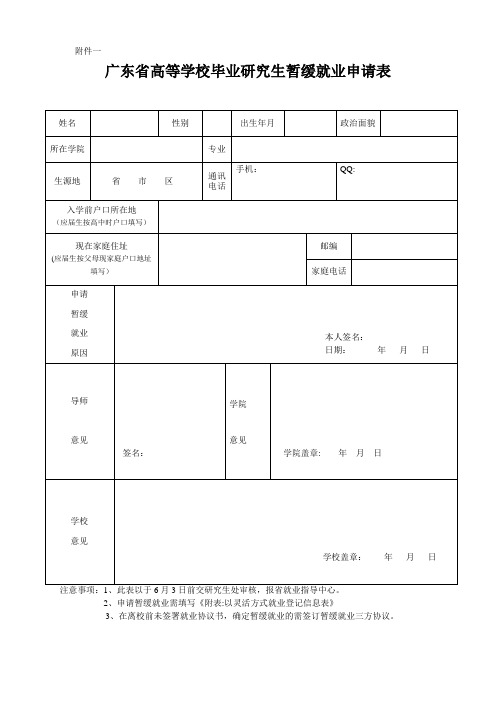广东省高等学校毕业研究生暂缓就业申请表