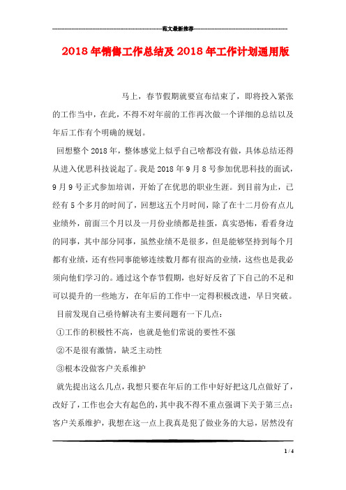 2018年销售工作总结及2018年工作计划通用版