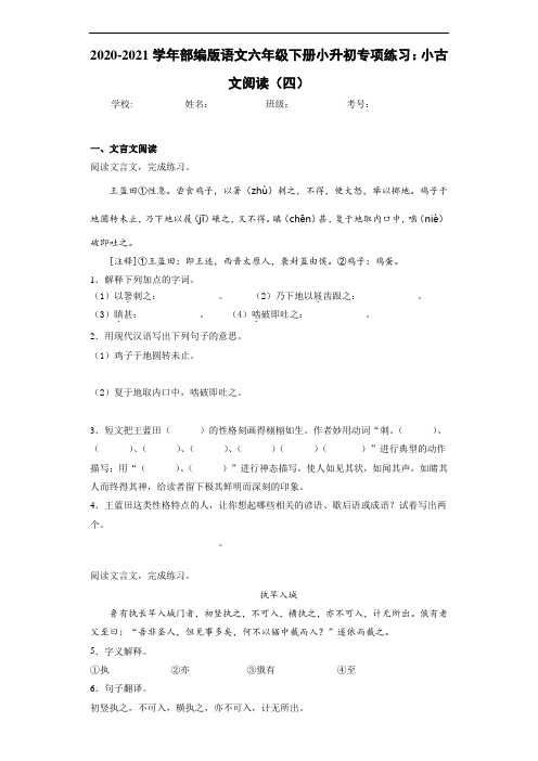 2020-2021学年部编版语文六年级下册小升初专项练习：小古文阅读(四)