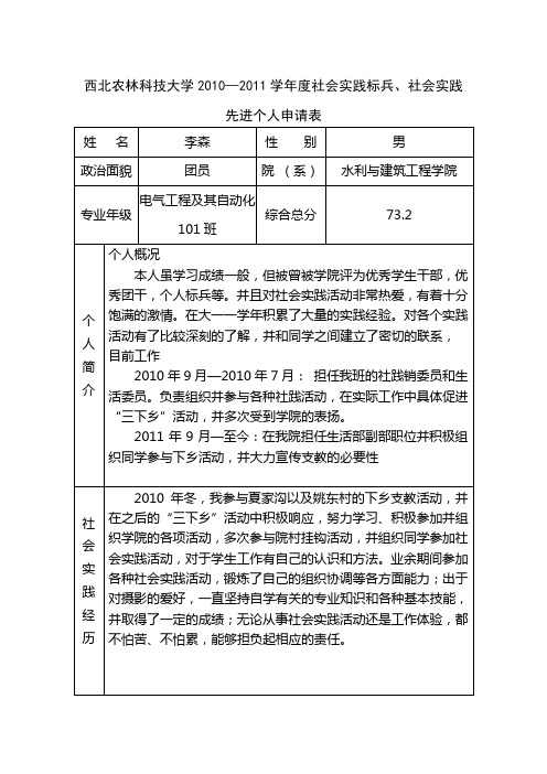 社会实践标兵、先进个人申报表