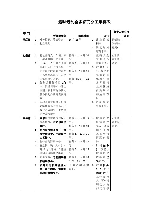 趣味运动会各部门分工细要表