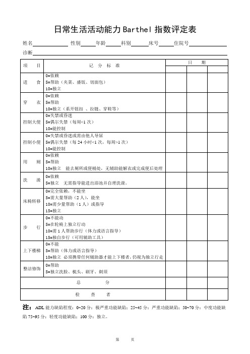 日常生活活动能力Barthel指数评定表