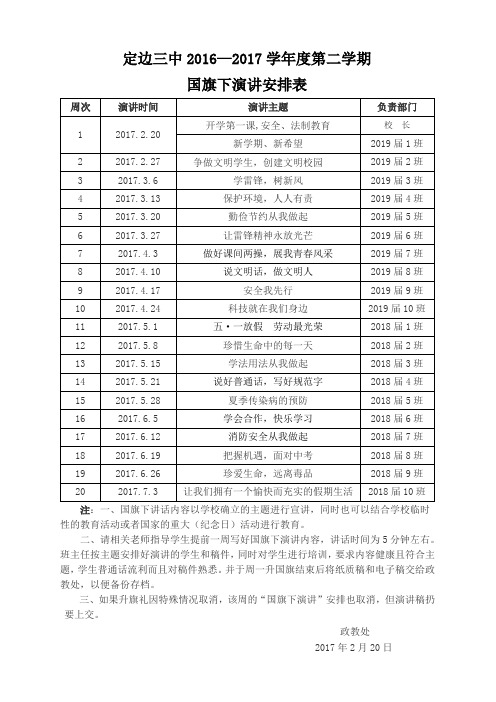 国旗下演讲安排表2016-2017第二学期