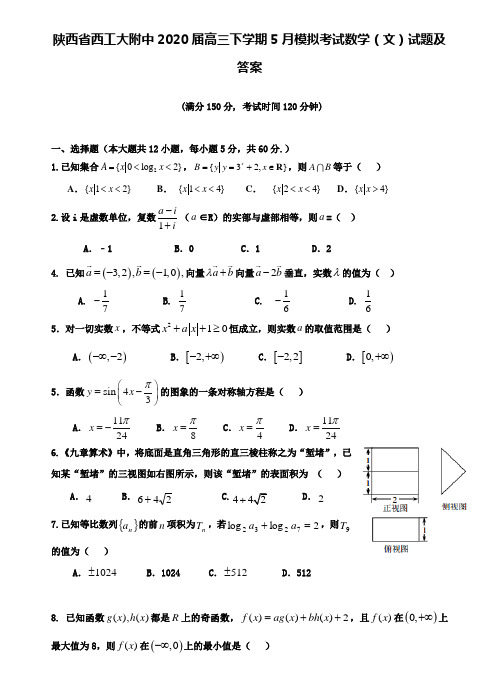 【附28套精选模拟试卷】B42711-陕西省西工大附中2020届高三下学期5月模拟考试数学(文)试题及答案