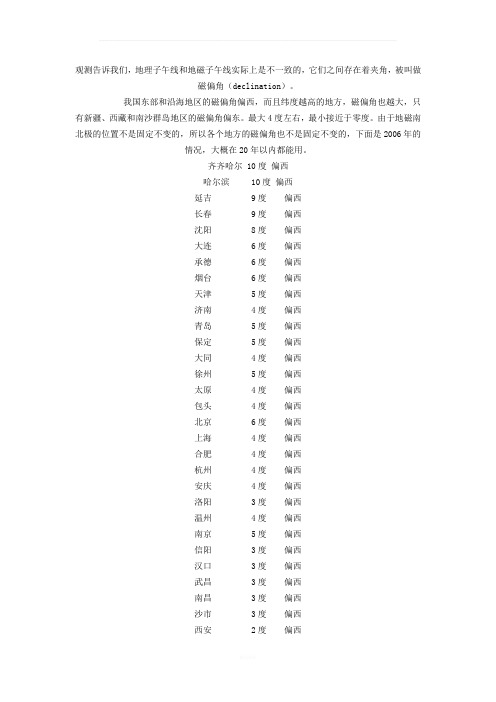 全国各地磁偏角