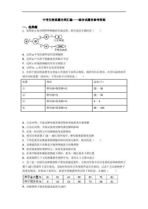 中考生物真题分类汇编——综合试题含参考答案