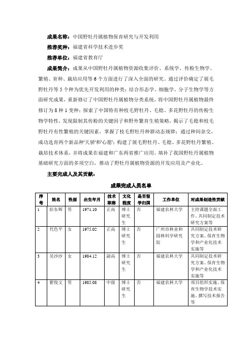 成果名称中国野牡丹属植物保育研究与开发利用推荐奖种福建