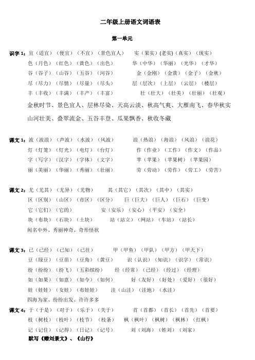 二年级上册语文听写词语表