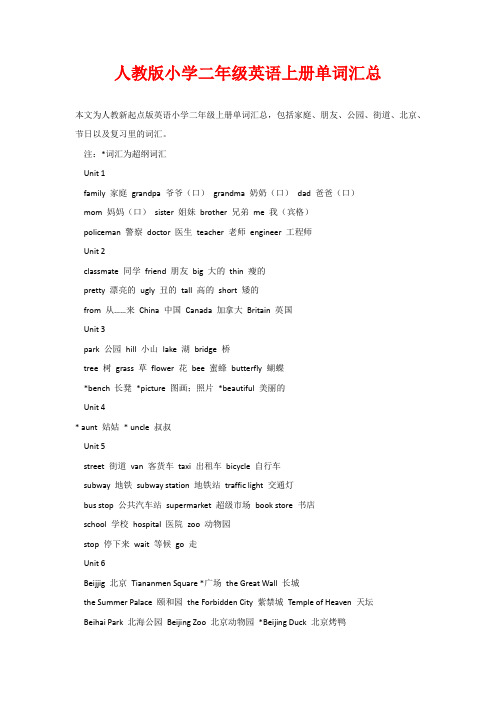人教版小学二年级英语上册单词汇总