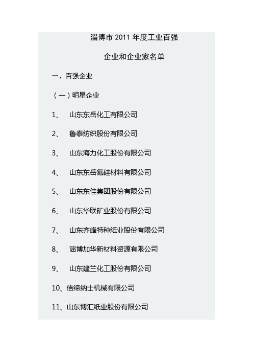 淄博市2011年度工业百强企业