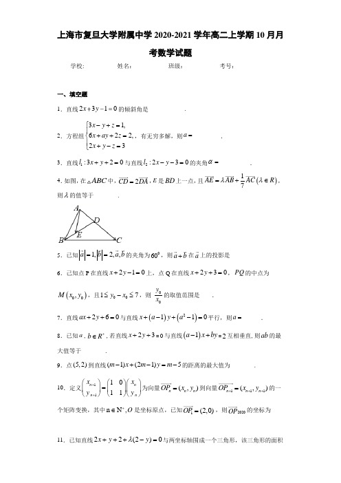 上海市复旦大学附属中学2020-2021学年高二上学期10月月考数学试题