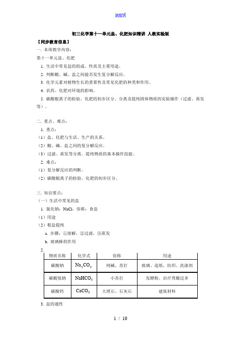 初三化学第十一单元  盐、化肥知识精讲 人教实验版