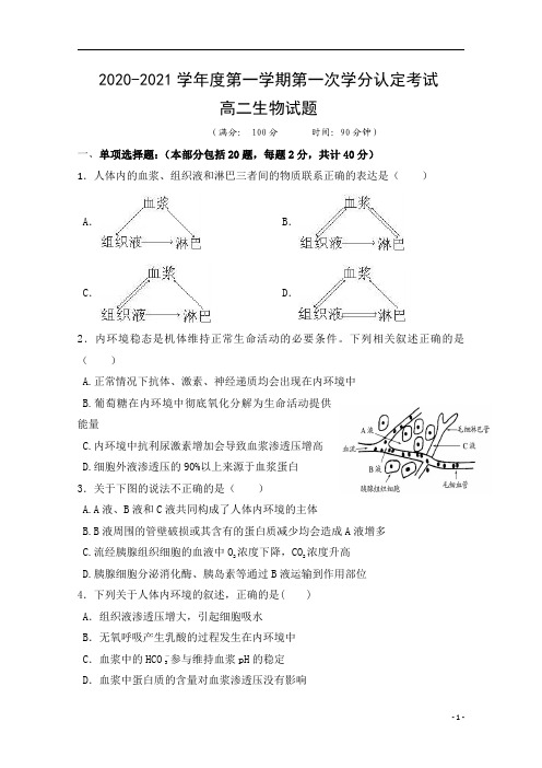 江苏省东海县第二中学2020-2021学年高二9月月考生物试题+Word版缺答案