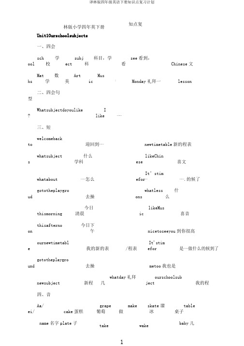 译林版四年级英语下册知识点复习计划