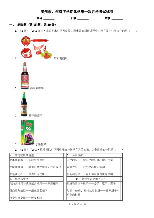 泰州市九年级下学期化学第一次月考考试试卷