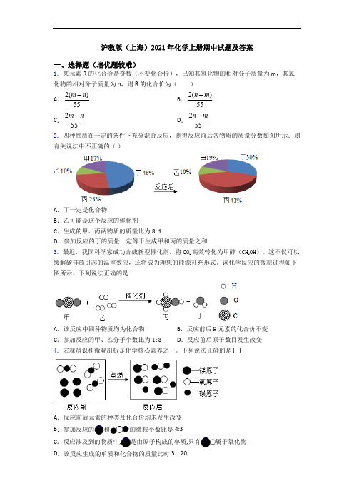 沪教版(上海)2021年化学上册期中试题及答案