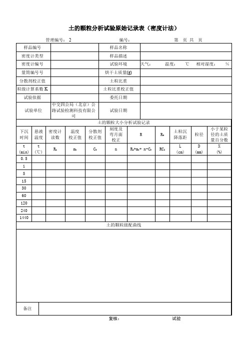 土的颗粒分析试验原始记录表(密度计法)